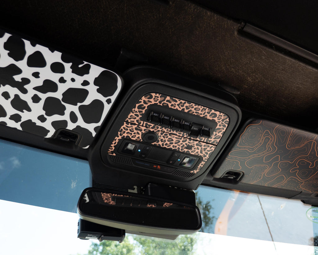 Bronco Overhead AUX Switch Panel Overlay 2021–2025 | Leopard Print Vinyl Wrap Interior Trim Decal | Factory AUX switches | 2021+ Ford Bronco