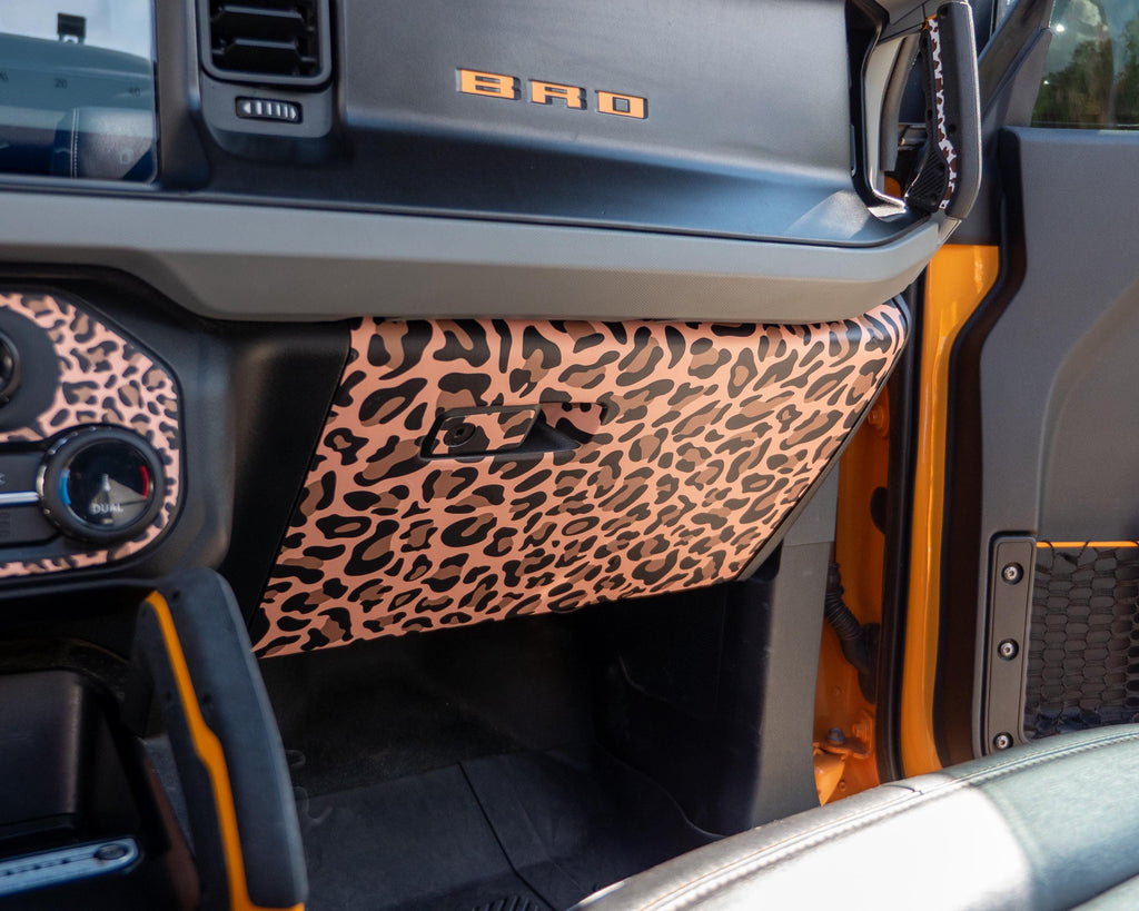 Bronco Leopard Glove Box Wrap 2021–2025 | Leopard Print Full Vinyl Overlay Interior Trim Cover | Scratch Protection | 2021+ Ford Bronco