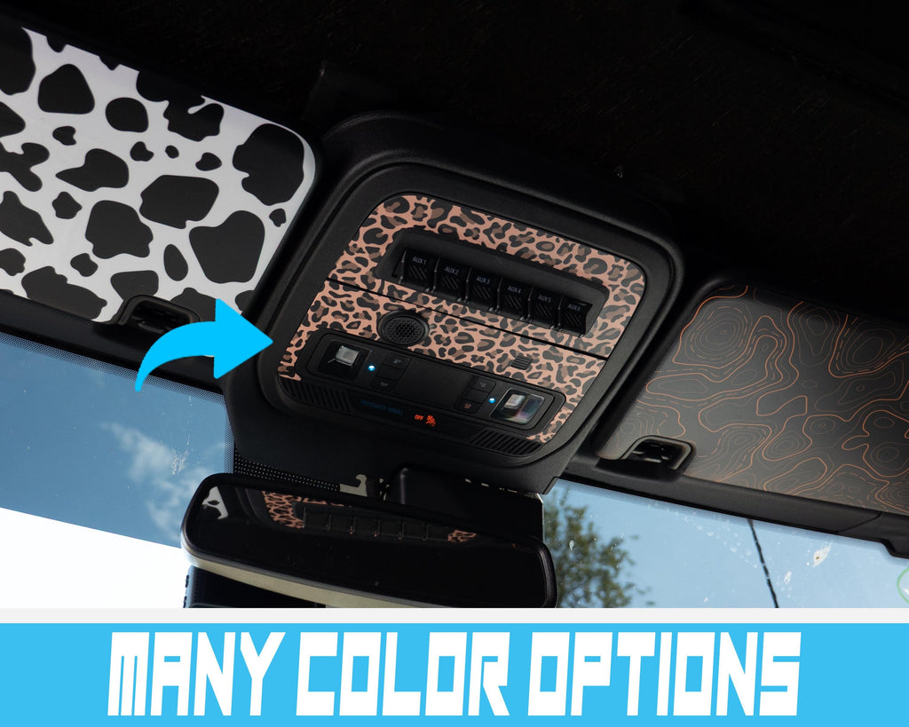 Bronco Overhead AUX Switch Panel Overlay 2021–2025 | Leopard Print Vinyl Wrap Interior Trim Decal | Factory AUX switches | 2021+ Ford Bronco