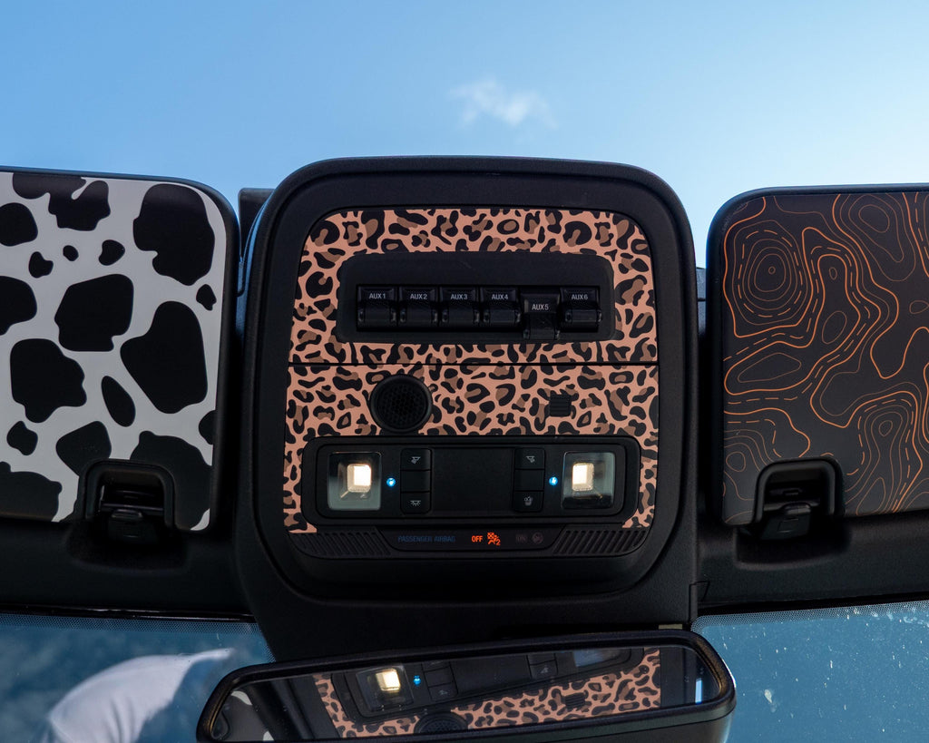 Bronco Overhead AUX Switch Panel Overlay 2021–2025 | Leopard Print Vinyl Wrap Interior Trim Decal | Factory AUX switches | 2021+ Ford Bronco