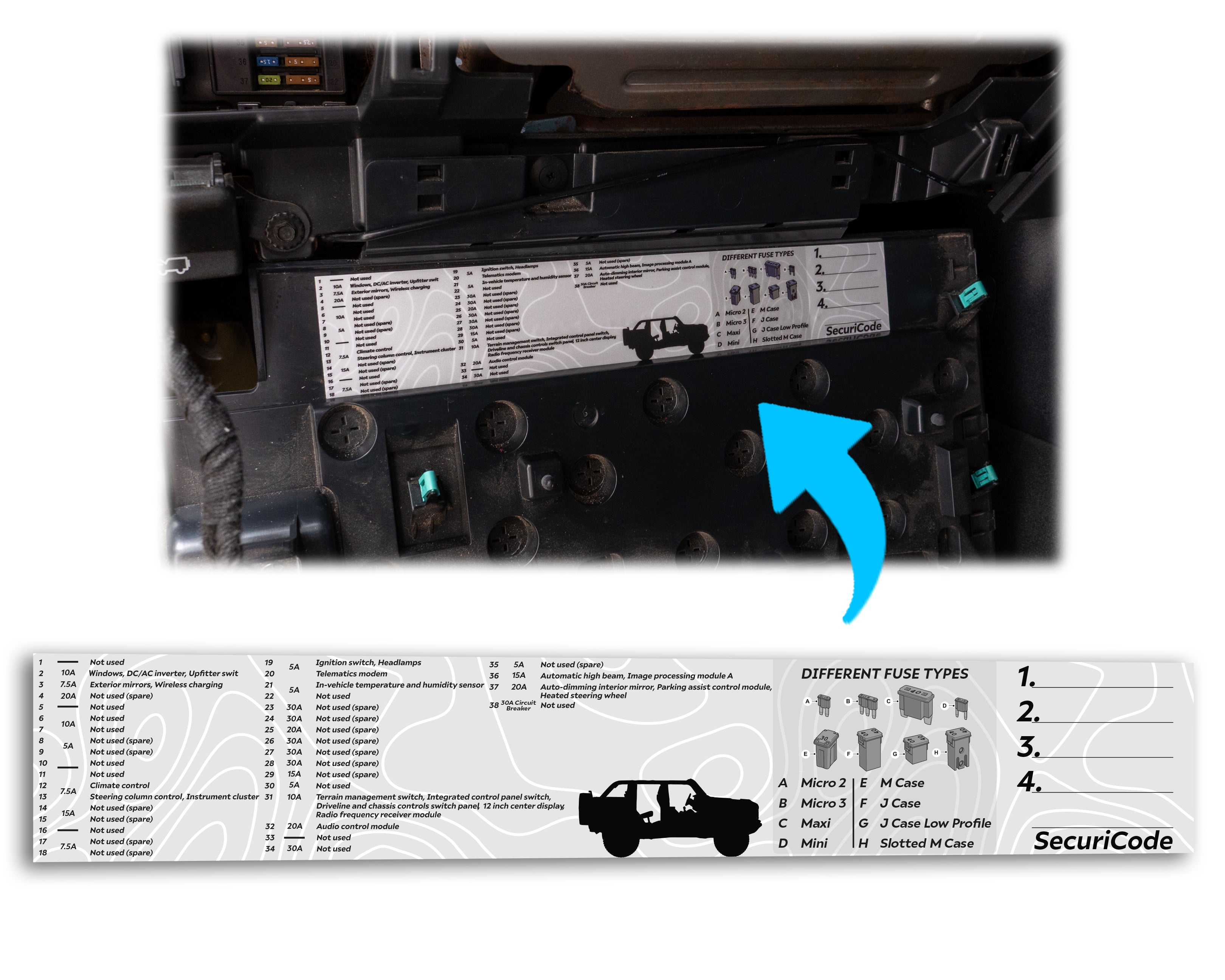 Ford Bronco Interior Fuse Label Decal – Under Steering Wheel Fuse Guide Sticker for 2021+ Bronco