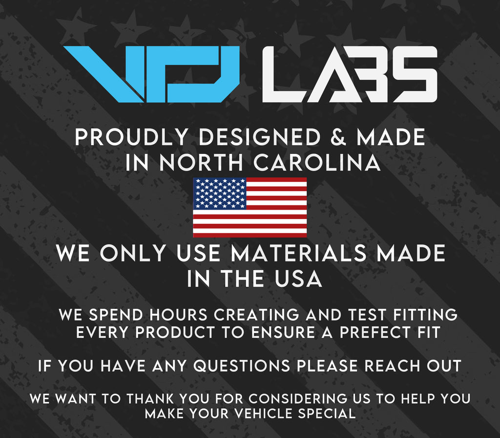 The image is a promotional graphic for a company called "VID LAB" that specializes in vehicle customization. It features the company's logo, the American flag, and a message about their pride in designing and manufacturing vehicles in North Carolina.