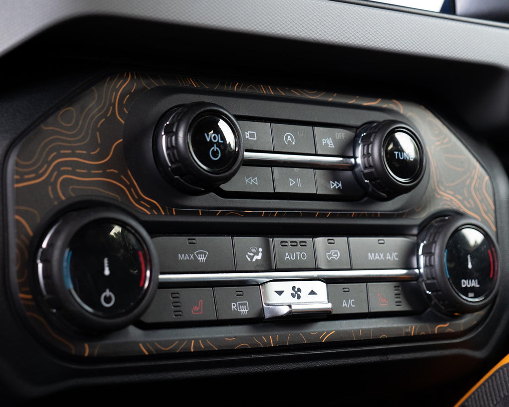 Bronco Topo AC & Radio Control Panel Overlay 2021–2025 | Topography Pattern Vinyl Wrap Interior Trim Decal