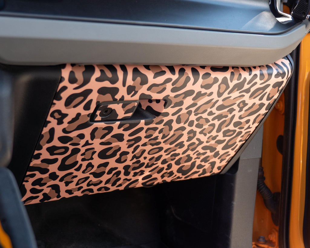 Bronco Leopard Glove Box Wrap 2021–2025 | Leopard Print Full Vinyl Overlay Interior Trim Cover | Scratch Protection | 2021+ Ford Bronco